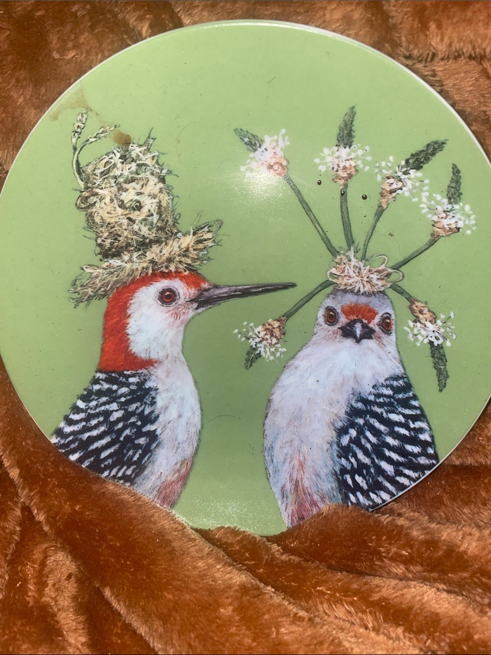 Green Decorative Bird Plate with Red-Headed Woodpecker Illustration